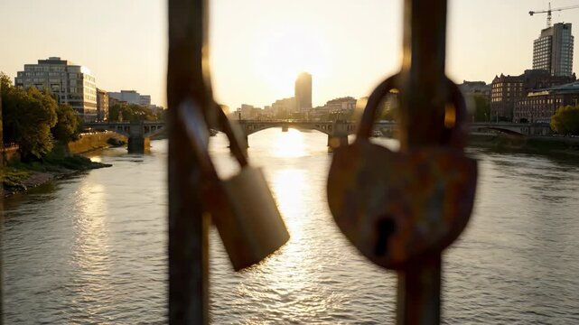 Close-up of two love locks attached to a bridge railing during a golden sunset. Rack focus from a rusty heart-shaped padlock to a city river background. Romantic Valentine's Day concept