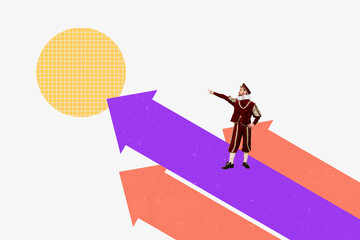 Poster trend sketch template 3D collage of success graphics charts business young man aristocratic style finger point arrow way direction