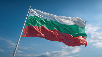 Bulgarian National Flag Waving in the Wind Against Clear Blue Sky, Symbol of Independence, Patriotism and National Identity