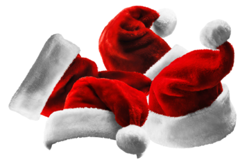 a pile of plush red santa hats with white faux fur trim and pompoms, creating a festive and cheerful christmas holiday atmosphere.