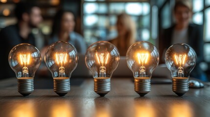 Illuminated light bulbs on table, brainstorming team in background.  Possible use Stock photo
