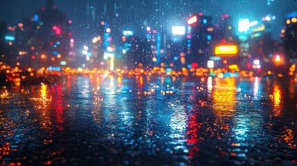 Rainy night city lights reflections on wet pavement. Possible use Stock photo for urban backgrounds, rainy weather, cityscapes, nighttime scenes