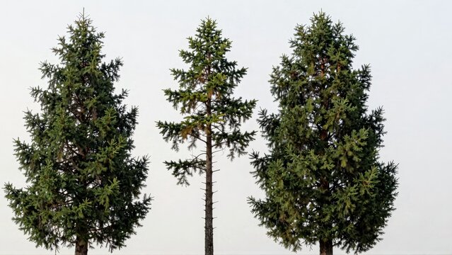 Three tall evergreen conifer trees against overcast sky