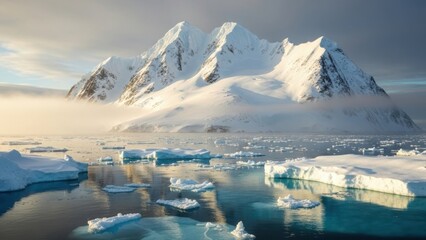 Antarctic landscape with icebergs and mountains