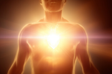 Emotional healing inner peace awellness journey concept. A warm, glowing light emanates from a person's chest in comfort