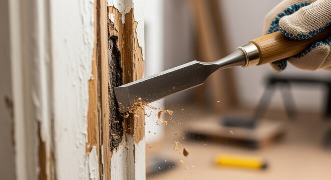 Closeup on chisel removing soft rotted door jamb filler before prepping surface for patch repair and sealing.