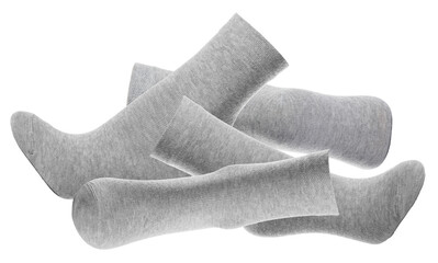  a jumbled pile of light gray crew socks, creatively scattered and overlapping on a dark backdrop, conveying a sense of relaxed disarray and cozy comfort for lifestyle imagery.