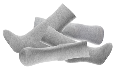  a jumbled pile of light gray crew socks, creatively scattered and overlapping on a dark backdrop, conveying a sense of relaxed disarray and cozy comfort for lifestyle imagery.