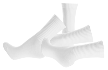  a dynamic, artful arrangement of several white crew socks scattered and overlapping on a dark surface, evoking a sense of relaxed comfort and casual style for lifestyle and fashion content.