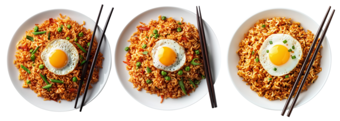 Spicy fried rice Nasi Goreng garnished with fresh green onions and topped with fried egg in bowl, isolated on white