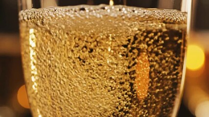 Close up view of sparkling golden champagne or prosecco beverage actively being poured into a fluted glass creating many bubbles.