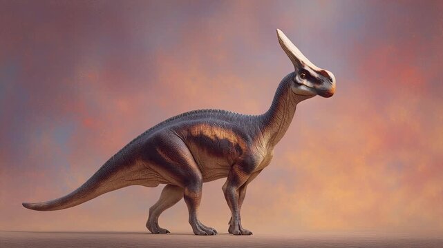 Parasaurolophus Dinosaur Roaring Against Dramatic Sunset Sky