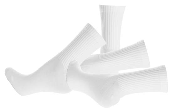  a dynamic, artful arrangement of several white crew socks scattered and overlapping on a dark surface, evoking a sense of relaxed comfort and casual style for lifestyle and fashion content. - Powered by Adobe