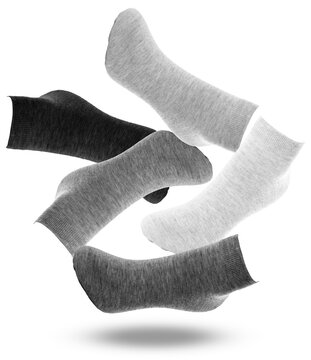 a collection of five assorted grey and black ankle socks artistically arranged on a plain background, showcasing different shades and textures for everyday wear.
