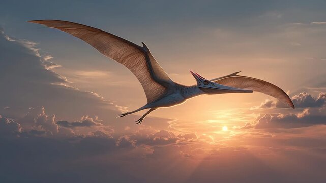 Majestic Pterodactyl Soaring Against a Golden Sunset Sky Animation