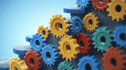 Colorful gears stacked in a pyramid shape on a light blue background.  Possible use for educational or engineering projects