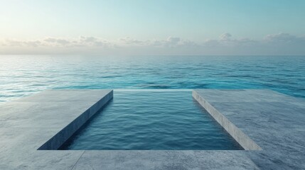 Oceanfront infinity pool at sunrise; tranquil seascape; minimalist design; peaceful retreat; ideal for relaxation and luxury travel brochures
