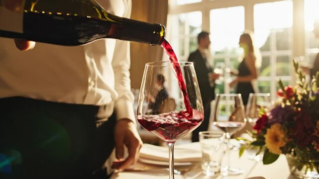 Sommelier pouring red wine into a glass at a fine dining restaurant, formal event - Powered by Adobe