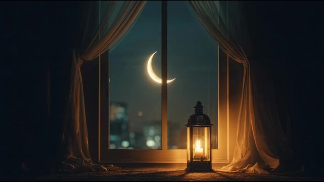 Night scene of crescent moon with lantern by the window