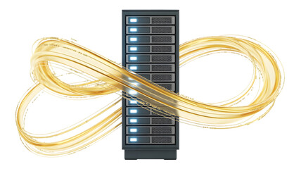 Server Rack with Golden Infinity Loop Motion in Dramatic Lighting Isolated on Transparent Background
