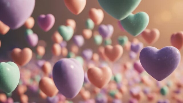 Pastel heart candy floating in soft light with shallow depth of field, romantic blur and dreamy pastel soft focus creating gentle floating bokeh and colorful confectionery texture