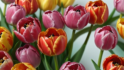 Red and yellow tulips are blooming in a beautiful spring garden