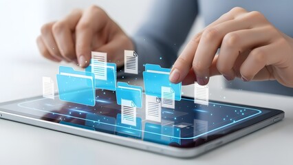 Woman managing digital documents and folders on tablet. Cloud computing concept for data storage, virtual file organization, and global access.