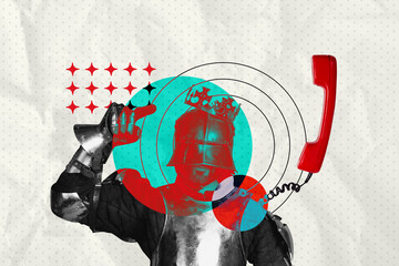 Sketch pop 3d poster art collage of anonym man warrior wear crown stand telephone handset telecommunication speech steel armor