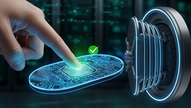 Finger Touching Biometric Scanner On Futuristic Circuit Board With Data Flow  - Powered by Adobe
