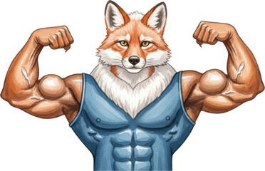 Muscular fox character showing off its strength isolated on transparent background