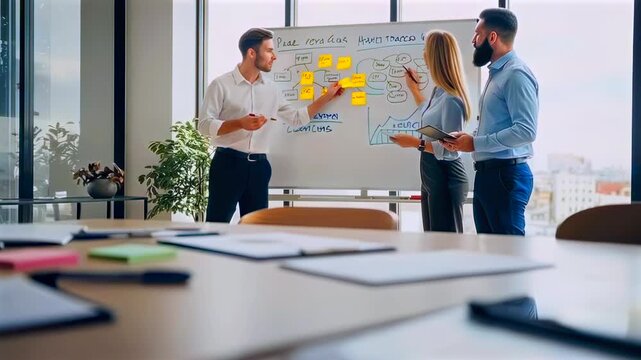 Office team coordinating project goals, Collaborative workshop on task planning strategies, Modern office gathering for collaborative strategy development and task organization through visual tools