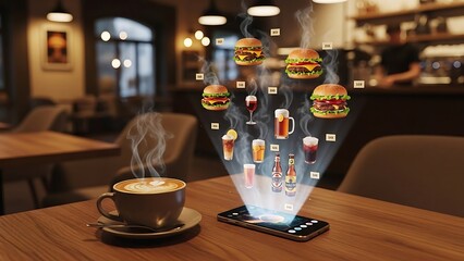 Smartphone projecting holographic food and drink menu in a cafe restaurant