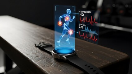 Smartwatch Displays Human Body Scan With Health Metrics In Gym Setting wearable technology