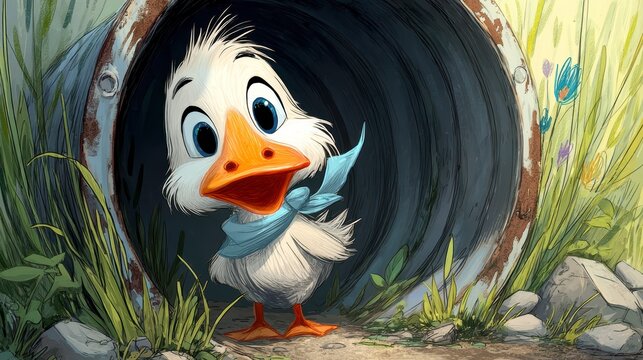 Close Up Cartoon Side View of Ron the Gosling with Light Blue Bow Character Detail