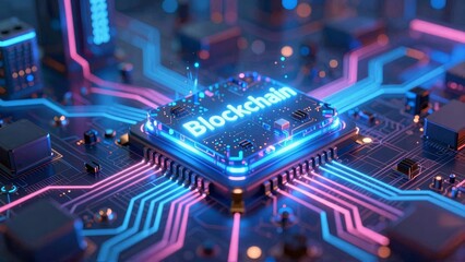 Blockchain chip on glowing circuit board