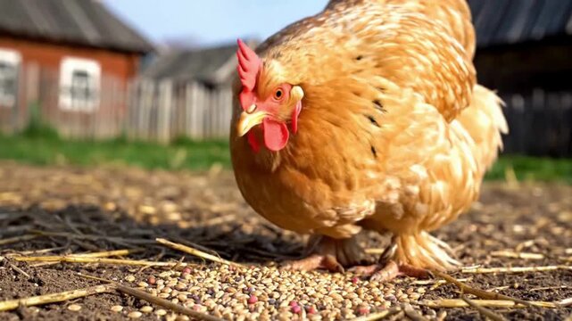 Close up of a plump golden brown hen eating small grains of feed scattered across dry farm ground on a sunny day
