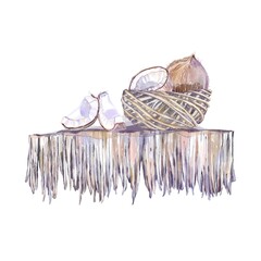Shelf made of dried palm branches with a wicker basket of ripe brown coconuts. Rustic beach shop display with tropical island vibe perfect for summer decor travel themes and watercolor illustration © Tatiana