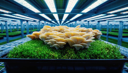 Generated image. Mushrooms grow in a greenhouse with bright lights on a farm during daytime hours