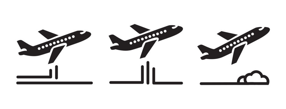 Airplane Takeoff and Flight Icon Set Black Vector Illustration