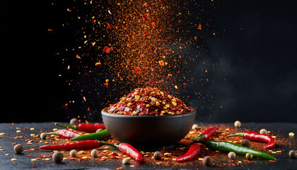 Generated image. Spices and chili peppers arranged for cooking and garnishing in a kitchen setting in the evening