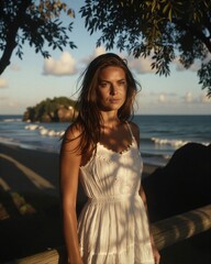 Tranquil Beach Portrait of a Woman Against a Scenic Ocean Backdrop