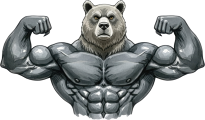 Strong muscular bear flexing muscles isolated on transparent background
