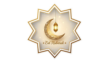 Fototapeta premium Golden crescent moon and lantern eid mubarak greeting isolated on transparent background