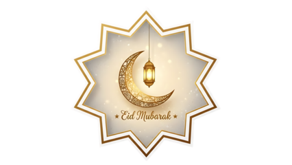 Golden crescent moon and lantern eid mubarak greeting isolated on transparent background