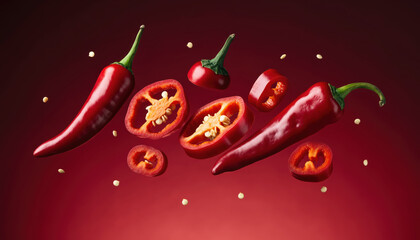 Generated image. Red chili peppers and slices floating in the air against a dark background with spices scattered around