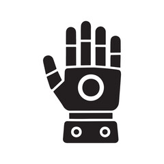 A black vector silhouette illustration of a human robot hand icon with fingers and palm as a business technology symbol for web art