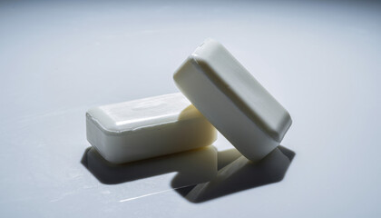 Generated image. Two white soap bars placed on a reflective surface in a well-lit setting showing details of their shape and texture