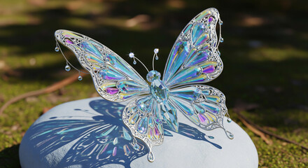 Exquisite crystal butterfly with iridescent wings resting on a smooth stone in nature with sunlight.
