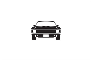 Front view black classic muscle car silhouette icon isolated on white background. Minimal vector illustration of vintage automobile design for transport and automotive concepts. Vector illustration.