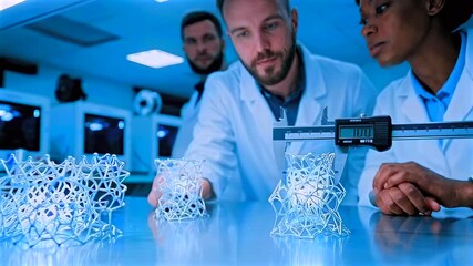 Specialists analyze complex printed components meticulously, Experienced engineers perform comprehensive inspections on complex prints using latest measurement technology in modern facilities